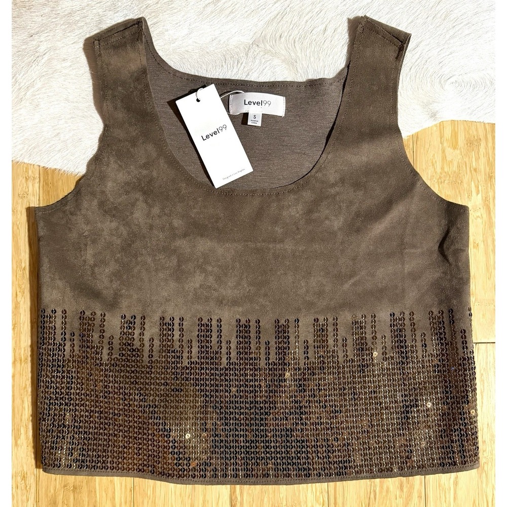 Level‎ 99 womens brown suede tank crop top with gold sequins size small NWT $87